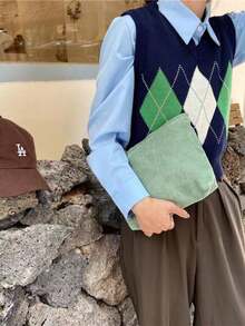 1 pieza Bolsa de maquillaje negra, bolso de mano de pana retro minimalista con cremallera suave, organizador de cosméticos y artículos de papelería de uso múltiple para uso diario, campus y casual - Multicolor - Ver 2