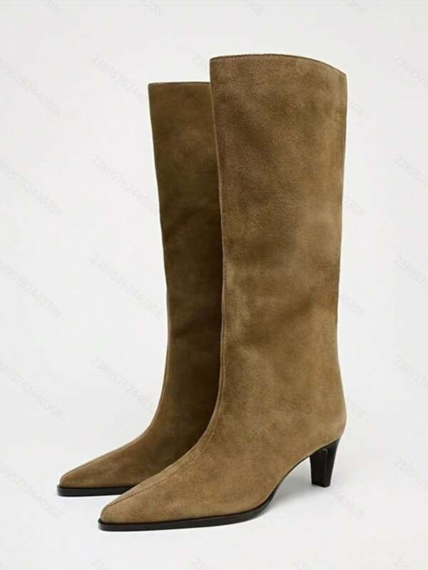 Women's Pointed Toe Slip-On Mid-Calf Boots, Slim Heel, Fashion Versatile Solid Color Autumn/Winter