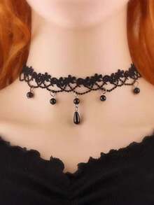 1pc Gothic Lace Collar Chain Black Crystal Tassel Necklace, Punk Chic Necklace Choker Suitable For Daily, Party, Street Wear - Black - View 11