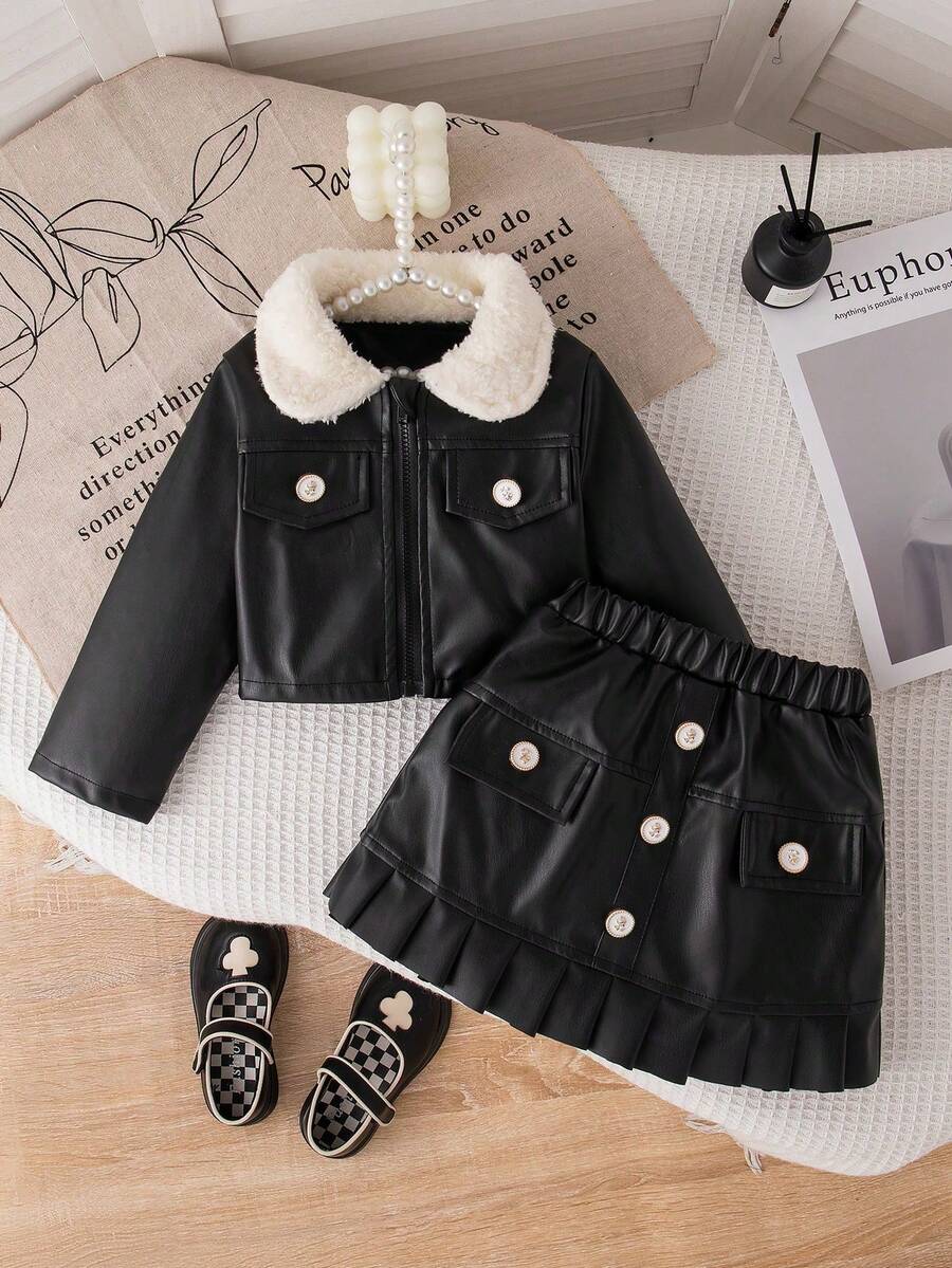 女童时尚拼布领仿皮夹克和百褶裙户外度假装，秋冬 - 黑色 - 查看 1