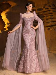Alluring Rose Backless Evening Gown, Adorned With Exquisite Floral Embroidery And Chiffon Shawl - Sparkling Ballroom Dress, Red Carpet Wedding Guest Dress, Luxurious Chiffon Formal Gown - Pink - View 6
