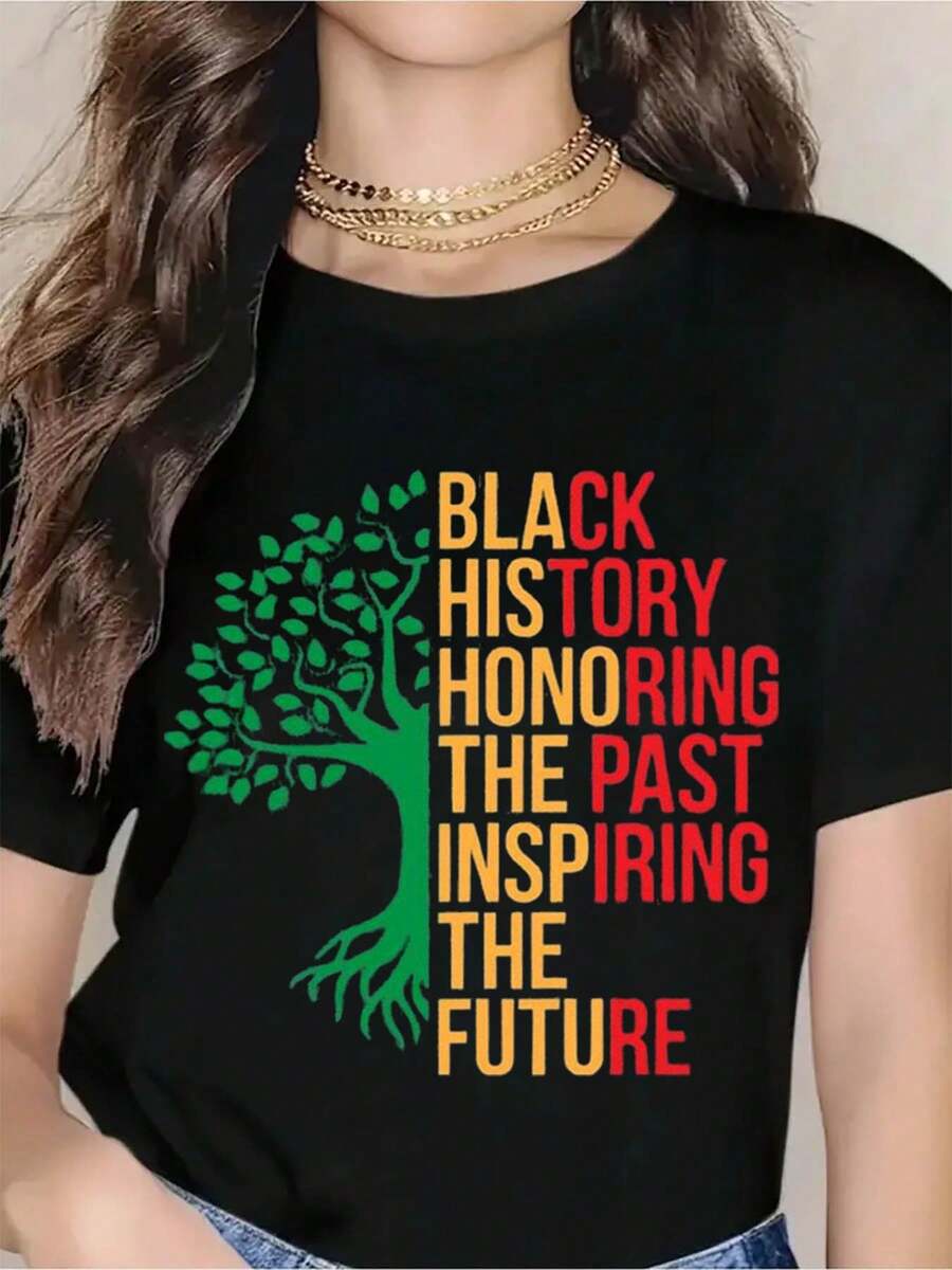 Month T-Shirt For Women - Honoring The Past, Inspiring The Future - Rasta Tree Design - Celebrate African American Heritage - Cultural Awareness And Pride - Perfect For  Month, Events, And Everyday Wear - 黑色 - 查看 1