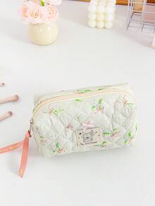 Lily Of The Valley Print Makeup Bag Foam Quilted Cosmetics Storage Bag Fresh Green Flower Pattern Toiletry Bag Large Capacity Cosmetics Storage Bag Set Portable Handheld Travel Makeup Pouch Pink Bow Decor Skincare Storage Bag Girlish Makeup Clutch Bag - Green - View 13