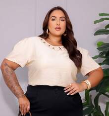 Women's Plus Size Embroidered Party Shirt Blouse - Beige - View 4