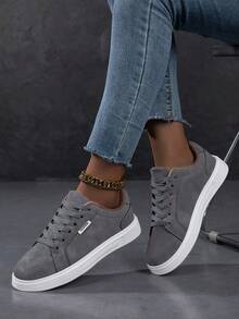 Women's Casual Sneakers, Fashion Streetwear White Shoes, Lightweight Skateboard Shoes - Dark Grey - View 2