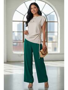 Dama elegante urbano tejido suave diseño sencillo ajuste relajado cuello redondo manga corta primavera verano oficina diario blusa - Beis - Ver 1
