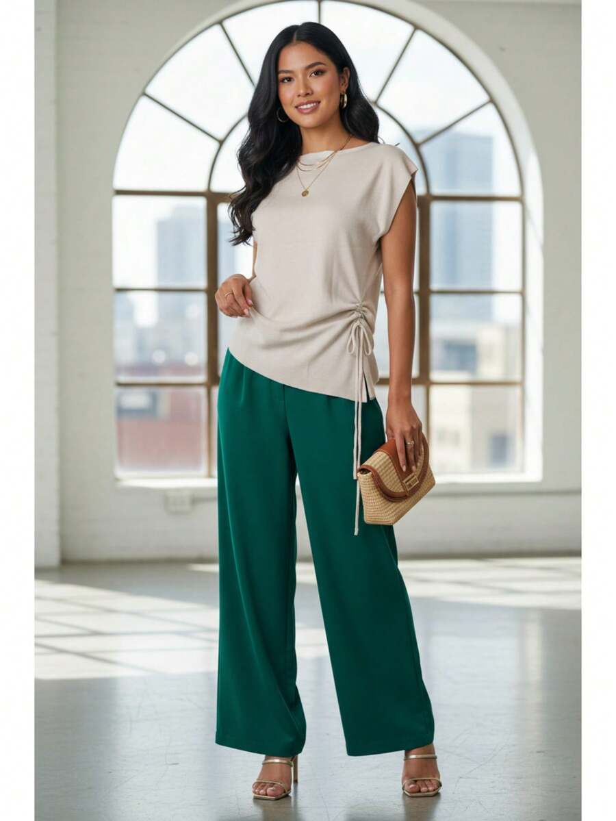 Dama elegante urbano tejido suave diseño sencillo ajuste relajado cuello redondo manga corta primavera verano oficina diario blusa - Beis - Ver 1