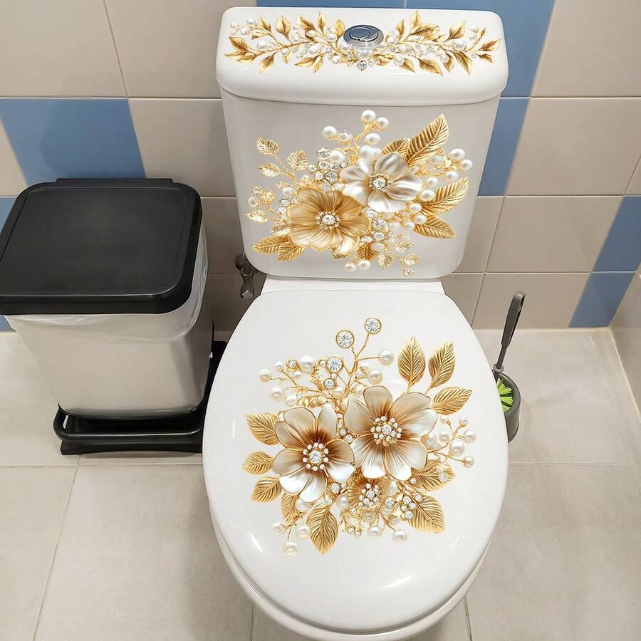 Conjunto de Adesivos Dourados Florais para Banheiro, Inclui Elementos de Pérola e Strass, Decalques Autoadesivos de Vinil, Design Elegante de Flores, Adequado para Caixa de Descarga, Tampa e Corpo do Vaso Sanitário
