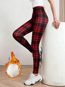 舒适保暖弹力女士高腰格子打底裤 - 保暖内衬，黑红格子设计，秋冬季休闲风 - 白色 - 查看 5