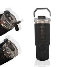 1PC, 30oz Double-Walled Stainless Steel Vacuum Car Mug, Full Body Diamond Decoration, Can Be Used For Dual Drinking, Hand-Held, Suitable For Home And Travel, Can Be Used As A Gift For Family And Friends - 30oz鑽粉紅色 - 查看 4