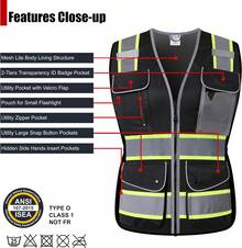 HATAUNKI Reflective  Vest For Women Mesh High Visibility Vest With 8 Pockets And Front Zipper High Vis Vest Work Vests Meets ANSI/ISEA Standards(Black-16, Medium),24200042 - Black - View 5