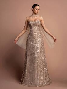 Faeriesty Bộ đầm hai mảnh đính sequin thanh lịch - Thiết kế không dây vai và không tay, với khăn choàng voan mỏng ở phía sau, kết hợp với chân váy dài thướt tha chạm sàn - Hoàn hảo cho các buổi dạ tiệc trang trọng, đám cưới, lễ trao giải và các sự kiện thảm đỏ. - Rượu sâm banh - Xem 2