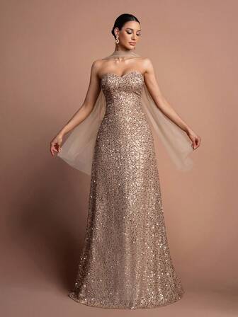 Faeriesty Style Elegant Sequin Two Pieces Gown – Strapless Sleeveless With Back Sheer Shawl, Flowing Floor-Length Skirt – Perfect For Gala Dinners, Wedding Receptions, Award Ceremonies & Red-Carpet Events