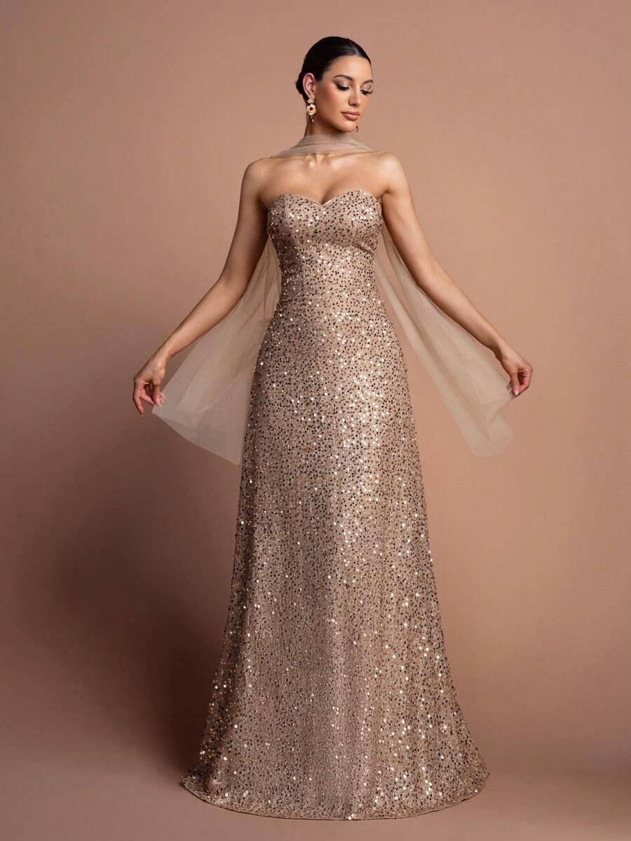 Faeriesty Bộ đầm hai mảnh đính sequin thanh lịch - Thiết kế không dây vai và không tay, với khăn choàng voan mỏng ở phía sau, kết hợp với chân váy dài thướt tha chạm sàn - Hoàn hảo cho các buổi dạ tiệc trang trọng, đám cưới, lễ trao giải và các sự kiện thảm đỏ.