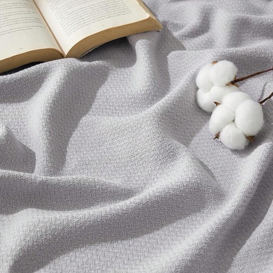 % Cotton Twin XL Size Bed Blanket - Breathable, Lightweight, Soft Cozy Herringbone Woven Summer Blanket College Dorm, White, 66x90 Inches - 00 - 灰色 - 查看 1