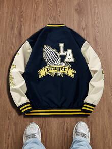 Men's Long Sleeve Casual College Style Patch Button Baseball Jacket, Fall Men Graphic Varsity Jacket, Christmas,Valentine's Day Gift