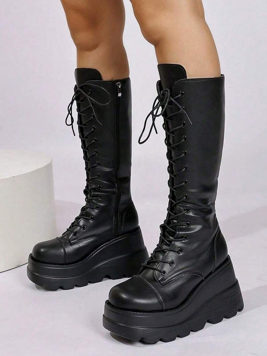 女士粉色圆头厚底高跟长靴，系带弹力时尚靴，适合秋冬季节和派对穿着