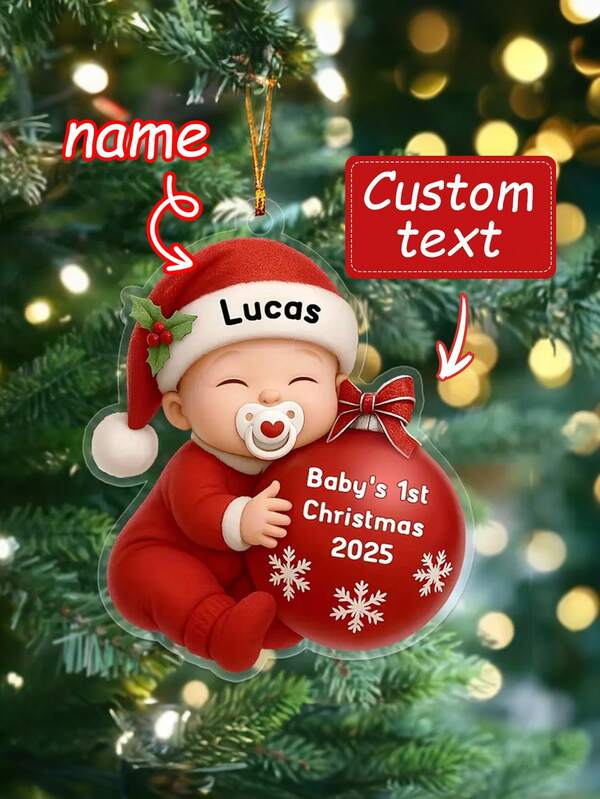 1 peça de enfeite personalizado para o primeiro Natal de 2025 do bebê, enfeite de acrílico personalizado com nome do bebê, enfeite de primeiro Natal do bebê, enfeite de decoração para bebê segurando bola de Natal, tema de Papai Noel, decoração de festa de Natal, lembrança de aniversário, decoração comemorativa para bebês e decoração de árvore de Natal, presente de Natal para bebês e pais, presentes personalizados, presentes de Natal personalizados, Natal, enfeites personalizados