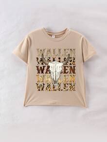 Tween Boy Personalized Simple Childlike Five-Pointed Star Black Bull Head Cartoon Letter Slogan Print Pullover Round Neck T-Sleeve Summer New Boys Clothes Kids