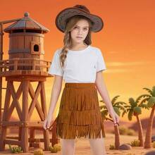 Girls Kids Fringe Skirts 60s 70s Hippie Skirt Cowgirl Western Faux Suede Tassel Leather Skirt Hallowee - 棕色 - 查看 3