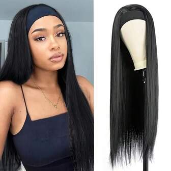 28 Inch Straight Headband Wig Black Heat Resistant Synthetic Hair Women's Headband Wig Full Machine Made Wigs Women