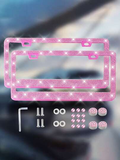 [2 Packs Bling Frame] 2 Packs Rhinestone Bling License Plate Frame Premium Stainless Steel, Handcrafted Crystal, Diamond Sparkle Glitter Caps, Pink, For Women