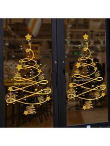 1pc Festive Christmas Tree Wreath Sticker, Glass Wall Decoration For Windows, Reusable Static Decal, Golden Festive Holiday Cling With Christmas Tree, Wreath And Snowflakes Design - Non-Electric, Featherless, Merry Christmas Display For Glass Surfaces