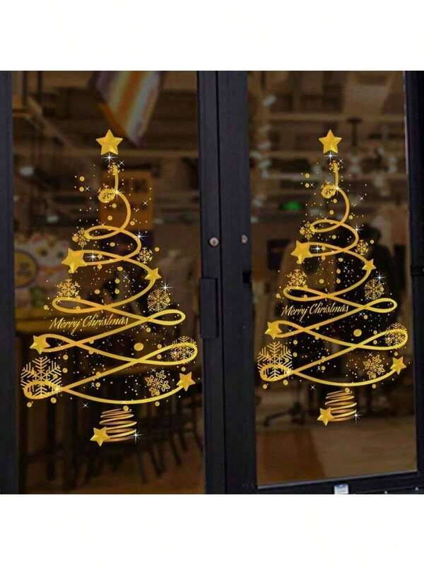 1pc Festive Christmas Tree Wreath Sticker, Glass Wall Decoration For Windows, Reusable Static Decal, Golden Festive Holiday Cling With Christmas Tree, Wreath And Snowflakes Design - Non-Electric, Featherless, Merry Christmas Display For Glass Surfaces