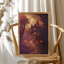 1pc Scary Halloween Canvas Art - Pumpkin And Poster, Gothic Vintage Wall Decor, Retro Yard And Church Tombstone Design, Unframed, Suitable For Home Decor, Room Decor, Bedroom Decor, Living Room Decoration, Bathroom Decor - Halloween Autumn Wall Decor, Optional Wall Art With Frame