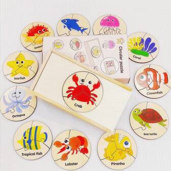 1 Set Boxed Round Ocean Creature Wooden Puzzle Toy, Ocean Life Recognition, Color Recognition, Logical Thinking, Imagination Development, Hand-Eye Coordination Exercise, Educational Toy, Includes Wooden Box Storage, 12 Round Puzzles, 36 Puzzle Pieces, Suitable For Christmas, Halloween, Easter, Back To School, Ideal Birthday Gift For Boys And Girls