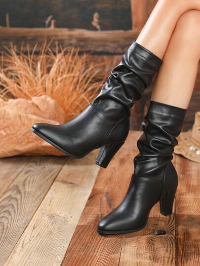 Women's Black High Heel Mid-Calf Boots, Pointed Toe, Thick Heel, Fashion Buckle Strap, Versatile Commuter Short Boots, Winter New Arrival
