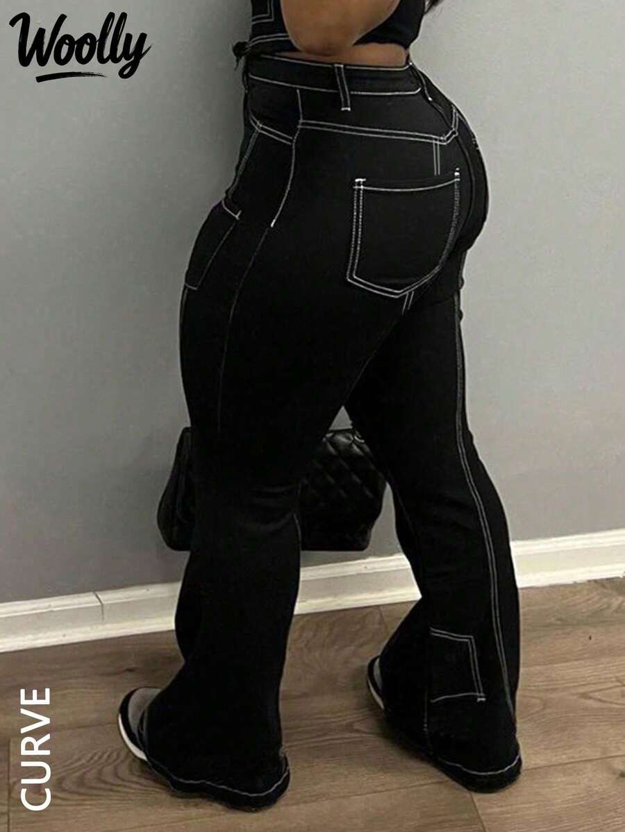 Plus Size Women Skinny Jeans With Visible Seam Design, Flare Leg Casual Black Spring - Black - View 1
