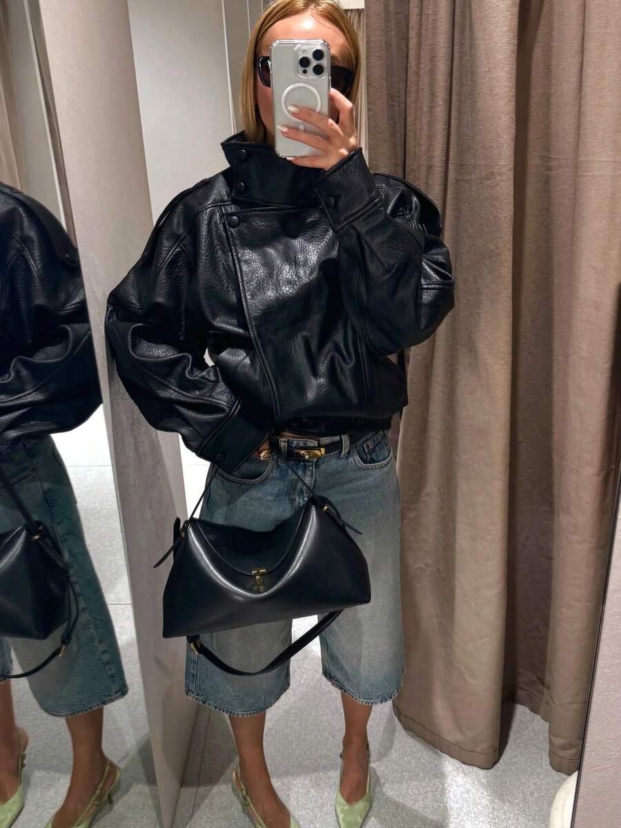 Women's Solid Color Front Button Pocket Casual Jacket, Pocket Detail, Suitable For Autumn/Winter Wear Black Spring - Black - View 1