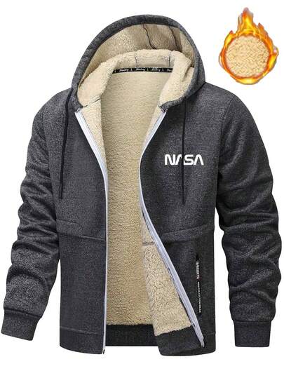 Men's Sherpa Fleece Printed Outdoor Jacket, Zip-Up Hooded Jacket, Thick Casual Versatile Knit Jacket, For Sports And Outdoor Activities, Boyfriend Style, Winter For Men, Jacket For Men, Good Quality Fabric, Designed Specifically For Outdoor, Men Essentials Jacket, Christmas Gifts, Halloween Gifts, Autumn/Winter