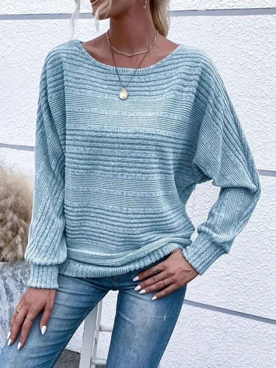 Suéter holgado de cuello redondo y manga de murciélago de unicolor para mujer de talla grande - Azul - Ver 1