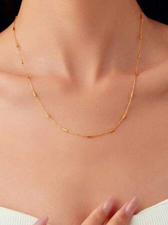 Korean Exquisite And Compact Ins Style Simple Splicing Stainless Steel Gold-Plated Necklace, And Versatile Niche Design Collarbone Chain - Stainless Steel Anti Alergic And Non Fading, Suitable For Women's Daily Ieisure Party Wear Suitable For All Seasons