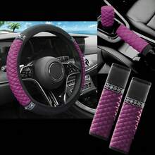 5pcs Car Interior Accessories Set - Steering Wheel Cover, Gear Shift Knob Cover, Seat Belt Shoulder Pad, Rhinestone & PU Leather Patchwork, Fits 14.5-15 Inch Steering Wheel, Universal Car Decor