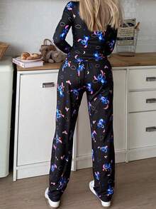 2pcs Stitch Print Women's Long T-Shirt And Pants Set, Cute Heart Stitch All-Over Print, Stretchy & Skin-Friendly, Casual Loungewear Suitable For Spring & Autumn - Black - View 4