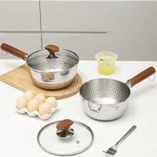 12 件超厚经典不锈钢炊具套装，包括 4 个汤锅、1 个煎锅、1 个奶锅和 6 个玻璃盖，不粘烹饪工具套装，金手柄耐热且易于使用银粉橙色厨房烹饪套装 - 銀色 - 查看 4