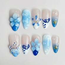 NailLuxe 10 PCS Handmade Almond Press - On Nails | Blue & Pink Floral Almond Glam With Acrylic Blue And Pink Bases, Floral Embellishments & Elegant Color Hues - 水鴨藍 - 查看 8