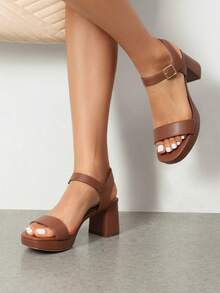 Women Comfortable Chunky Low Heeled Sandals Open Toe Buckle Decor Ankle Strap Heeled Sandals For Daily Wearing Wedding Party Prom - 棕色 - 查看 4