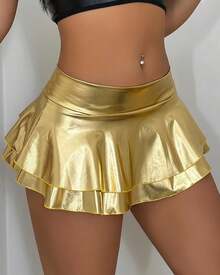 Women's Metallic PU Leather Mini Skirt - Ultra Short High Waisted Stretchy Clubwear Sexy Party Outfit - 金色 - 查看 10