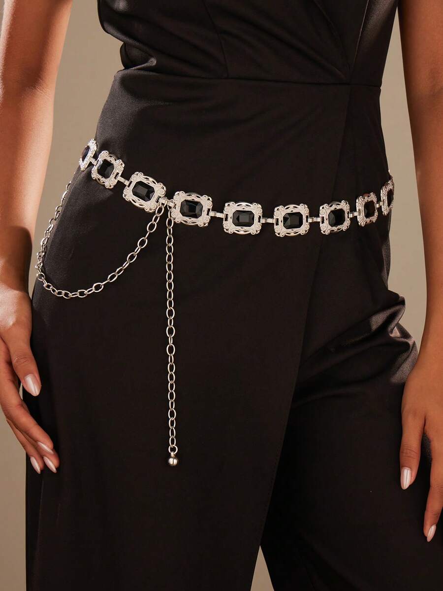 Corrente de Cintura Versátil de Mulher com Gema Preta Esculpida Boêmia, Adequada para Primavera, Verão, Outono, Inverno, Corrente Corporal Feminina, Sexy e Elegante, Pode Ser Combinada com Cinto de Corrente Ajustável de Mulher para Casamento e Festa