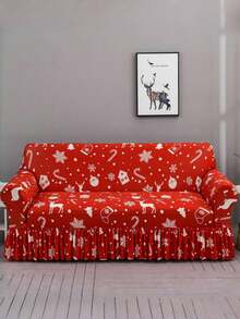 1pc Milk Silk Ruffled Sofa Cover With Anti-Slip Elastic, Decorative Christmas Print, Fits 1/2/3/4 Seater Sofa, Suitable For All Seasons - Multicolor - View 7