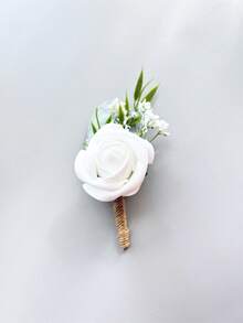 1pc/6pcs Artificial Rose Flower Groom Boutonniere Man Brother Corsage Graduate Pin Suit Wedding Flowers Party Deocration Valentine's Day Accessories - White - View 9