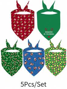 5pcs Christmas Pet Bibs, Single Layer Dog Bandanas With Christmas Tree & Snowman Prints