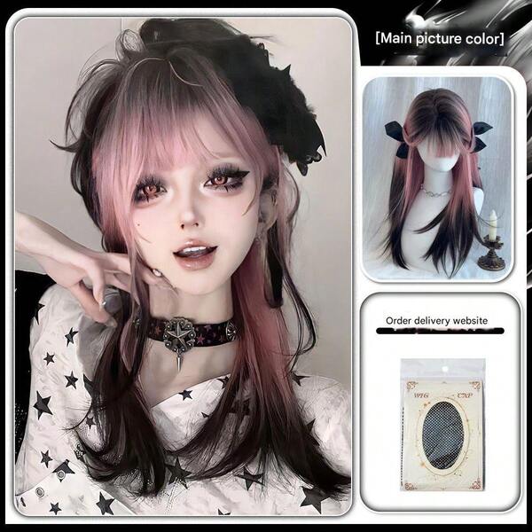 (1 stück Weihnachtspartykostüme COS Weihnachtspartykostüme Halloween Weihnachten) Halloween Cosplay Perücke weiblich lange glatte Haare Farbverlauf schwarz und rosa Subkultur Cos natürliche Simulation Vollkopfbedeckung