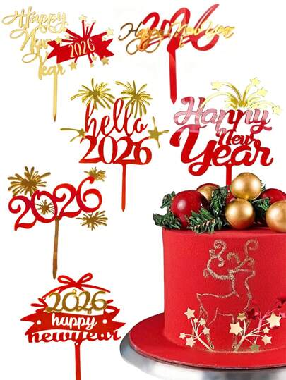 6 pezzi Decorazioni per torta per Capodanno 2026, decorazioni per torta in acrilico per feste di Capodanno, stuzzicadenti per dolci glitterati rosso oro in acrilico, per Natale, vacanze, compleanni