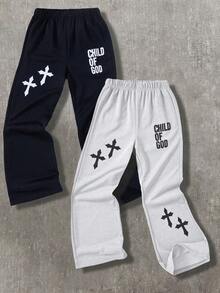 2pcs/Set Boys' Casual Cross Print Straight Leg Pants, Sporty Style For Everyday & Outdoor Wear, Spring/Summer - متعدد الألوان - مشاهدة 11