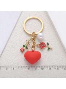 Street 1pc Creative & Fashionable Rose Faux Pearl Heart Shaped Keychain With Minimalist Resin Heart Keychain Pendant For Valentine'S Day Gift, Boyfriend Gift, Friend'S Birthday Gift Car Accessories Bag Charm School Faux Pearl - 紅色 - 查看 7